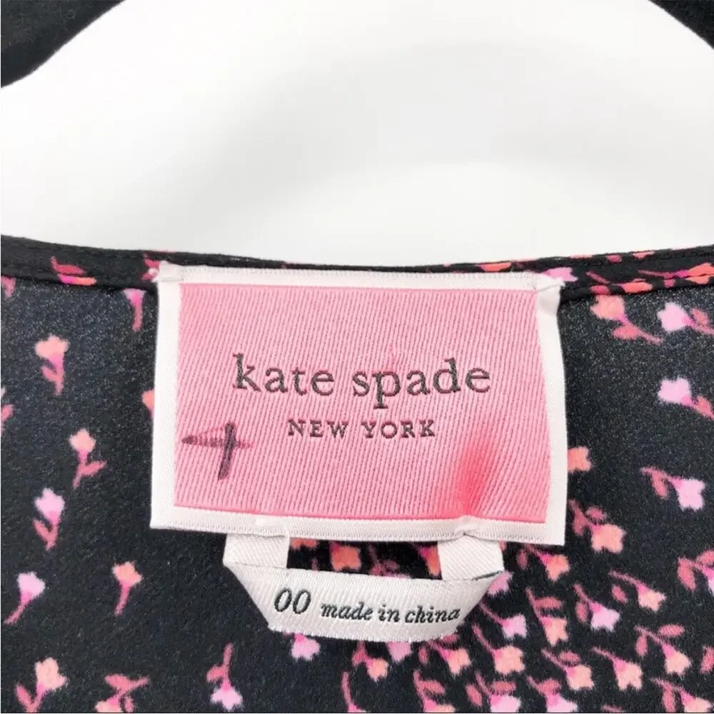 Kate Spade Meadow Wrap Mini Dress Floral Black Pink V-Neck Crepe 00